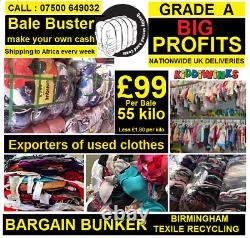 Complete range of 55 kilo bales of Grade A used clothes from our UK factory