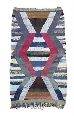 Geometric 4'4x7'2 Hand-Woven Recycled Clothing Rug Kilim Carpet Moroccan Rug