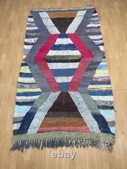 Geometric 4'4x7'2 Hand-Woven Recycled Clothing Rug Kilim Carpet Moroccan Rug