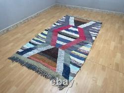 Geometric 4'4x7'2 Hand-Woven Recycled Clothing Rug Kilim Carpet Moroccan Rug