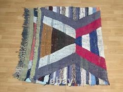 Geometric 4'4x7'2 Hand-Woven Recycled Clothing Rug Kilim Carpet Moroccan Rug