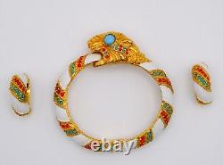 Pauline Rader Enamel Bracelet Earring Set Lion Head Clamper Vintage Retro Signed