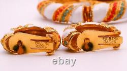 Pauline Rader Enamel Bracelet Earring Set Lion Head Clamper Vintage Retro Signed