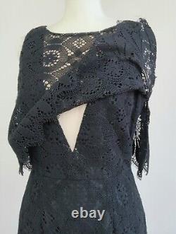 Size 6 ANNA SUI Black LACE-Tapestry 2-Level GOTH-Witch SHEER V-Neckline Dress