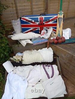 Vintage Duncan Fearnley Cricket Bat Kit Trunk Leather Balls Boots Clothing Pads