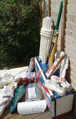 Vintage Duncan Fearnley Cricket Bat Kit Trunk Leather Balls Boots Clothing Pads