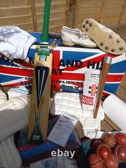 Vintage Duncan Fearnley Cricket Bat Kit Trunk Leather Balls Boots Clothing Pads