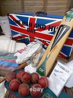 Vintage Duncan Fearnley Cricket Bat Kit Trunk Leather Balls Boots Clothing Pads