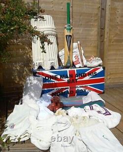 Vintage Duncan Fearnley Cricket Bat Kit Trunk Leather Balls Boots Clothing Pads