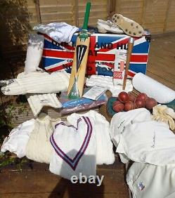 Vintage Duncan Fearnley Cricket Bat Kit Trunk Leather Balls Boots Clothing Pads