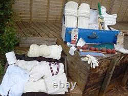 Vintage Duncan Fearnley Cricket Bat Kit Trunk Leather Balls Boots Clothing Pads