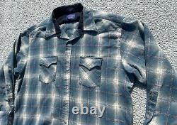 Vintage Pendleton Western Shirt Mens Large Blue Plaid Virgin Wool Pearl Snap