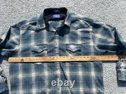 Vintage Pendleton Western Shirt Mens Large Blue Plaid Virgin Wool Pearl Snap