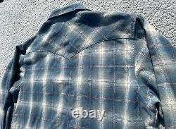 Vintage Pendleton Western Shirt Mens Large Blue Plaid Virgin Wool Pearl Snap