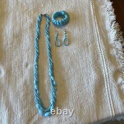 Vintage Sterling And Blue Glass Beaded Twist Necklace WithBracelet & Earrings